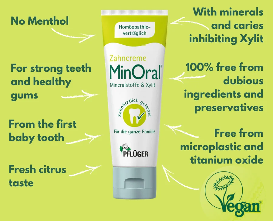 MinOral, no menthol, for strong teeth and healthy gums, from baby's first tooth, citrus taste, with Minerals and caries inhibiting Xylite, 100% free from dubious ingredients and preservatives, free from microplastic and titanium oxide, vegan